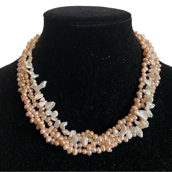 Freshwater Pearl Multistrand Necklace Abalone Shell Flower Clasp Sterling Silver - Picture 2 of 16